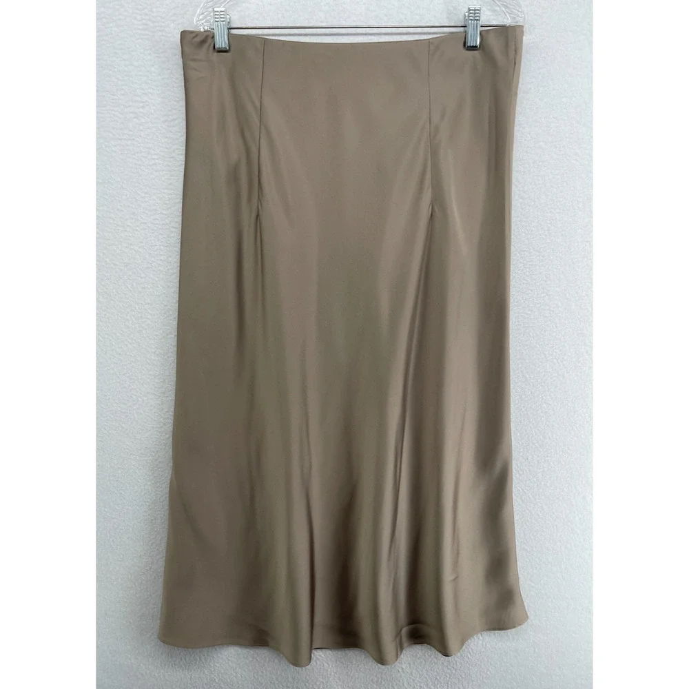 J.CREW Skirt L Gwyneth Slip Satin Bias A-Line Midi High Waist Taupe Beige